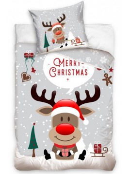 Vianočné bavlnené posteľné obliečky veselé Vianoce - sob Rudolf - šedé