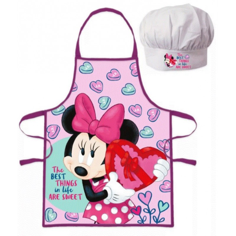Dětská zástěra a kuchařská čepice Minnie Mouse ❤ srdce