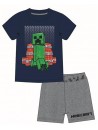 Krásné a pohodlné pyžamo pro kluky s obrázkem Creepera z počítačové hry Minecraft. Pyžamo je vyrobené ze 100% bavlny. Horní díl v tmavě modré barvě má krátké rukávy a kulatý výstřih, spodní díl šortky v šedém provedení v pase na gumu.