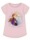 Krásné dívčí tričko s motivem Ledové království - Frozen, je vyrobeno ze 100% bavlny. Tričko ve světle růžovém provedení zdobí obrázek princezen Elsy a Anny, kolem tohoto obrázku je populární třpytivý potisk v podobě vloček a listů.